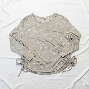 Orange Kiss 1X Daisy Floral Ruched Side Long Sleeve Top - Gray Heather Plus Size